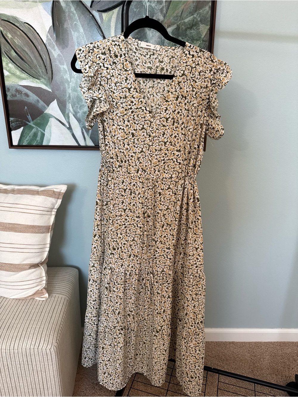 Mango Cream Floral Ruffle Sleeve Maxi Dress